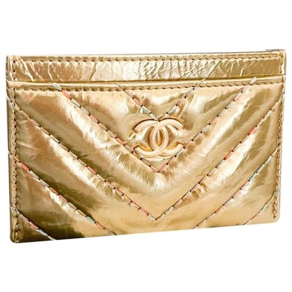 CHANEL Handbags - Chanel 19a Metallic Gold Chevron Card Case Holder Wallet